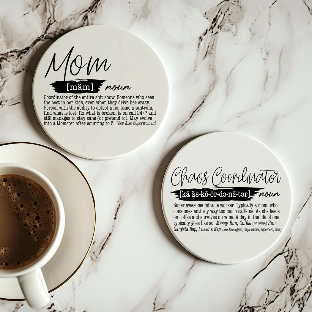Funny definition coasters
Mom life ceramic coasters
Parent humor coasters
Adulting definition gifts
Cork backed ceramic coasters
